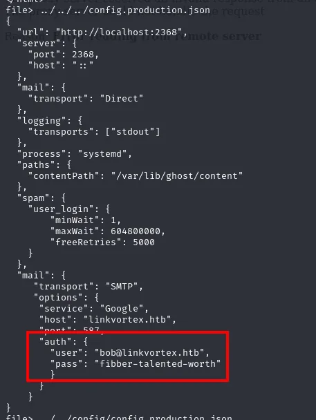 config.production.json revela el bloque auth con el usuario bob@linkvortex.htb y la contraseña fibber-talented-worth