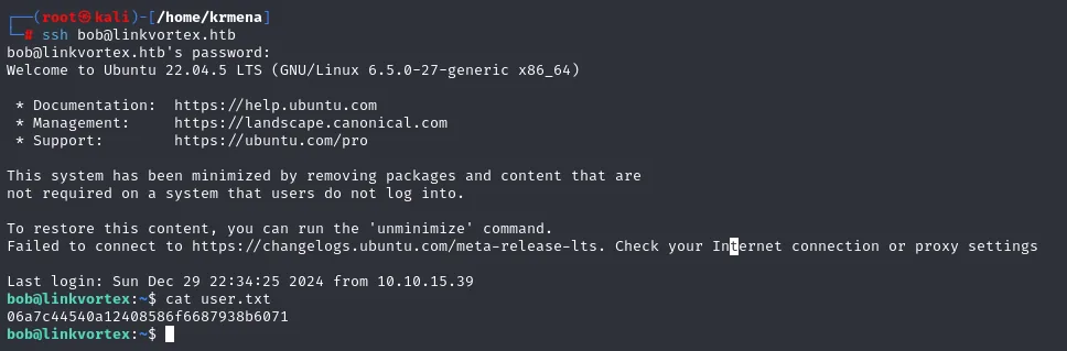 ssh como bob entra en Ubuntu 22.04.5 LTS y cat user.txt imprime la flag