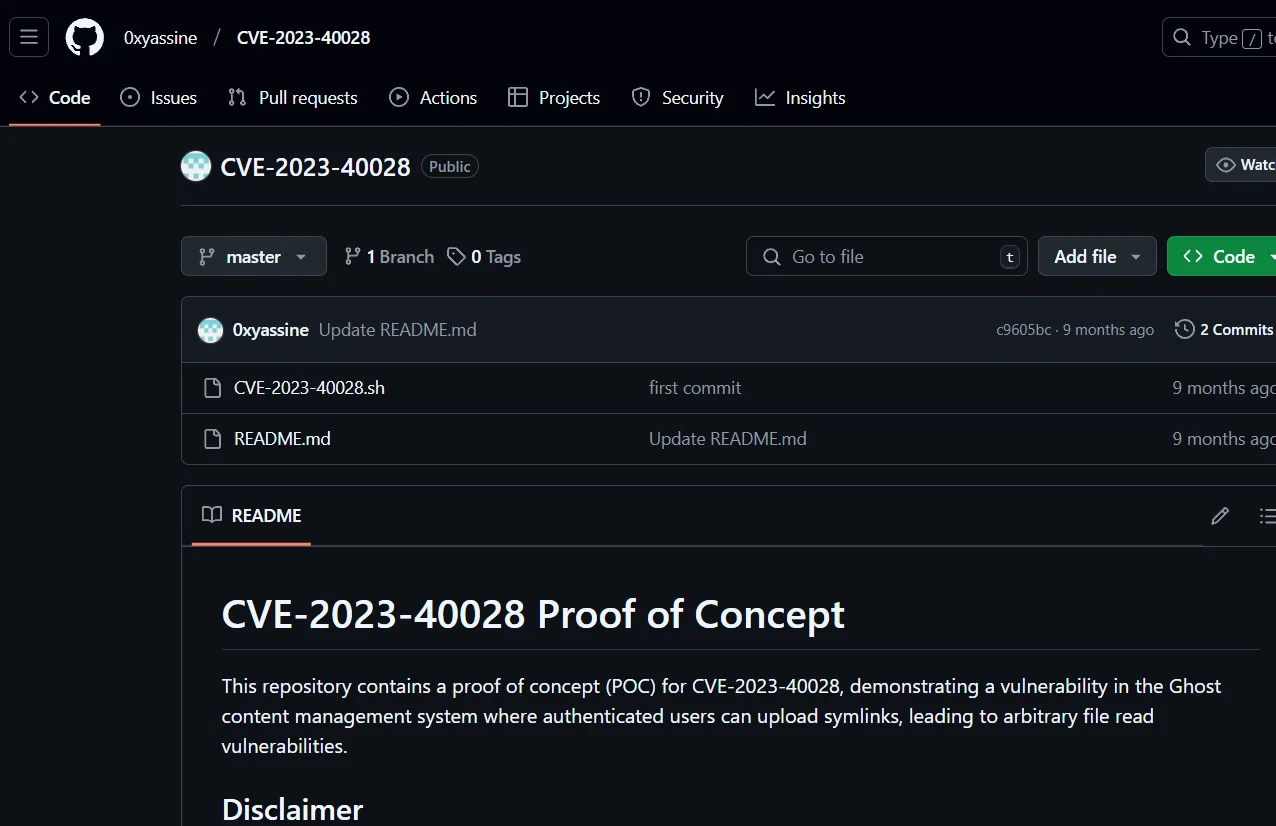 el README del repositorio 0xyassine/CVE-2023-40028 describe la subida de symlinks por usuarios autenticados
