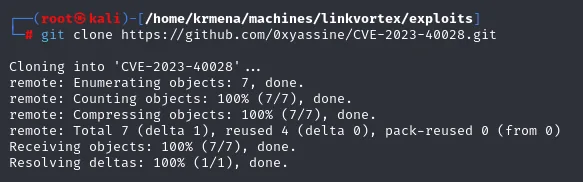 git clone descarga los 7 objetos del repositorio del exploit