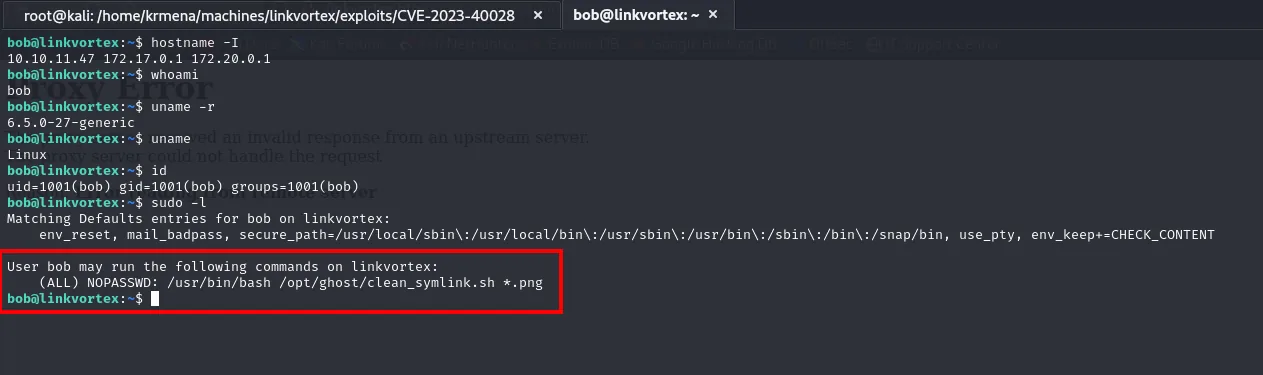 la enumeración inicial muestra las interfaces 172.17.0.1 y 172.20.0.1, el usuario bob sin grupos extra, y un sudo -l con clean_symlink.sh