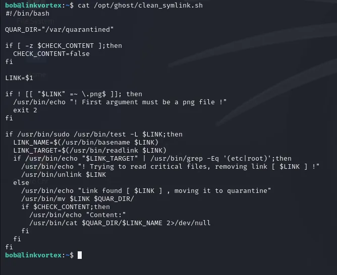 el contenido de clean_symlink.sh: comprueba la extensión, usa readlink sobre el enlace y hace cat si CHECK_CONTENT es true