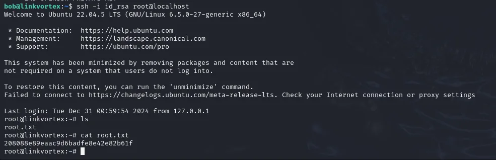 ssh con la clave privada abre una shell como root y cat root.txt muestra la flag