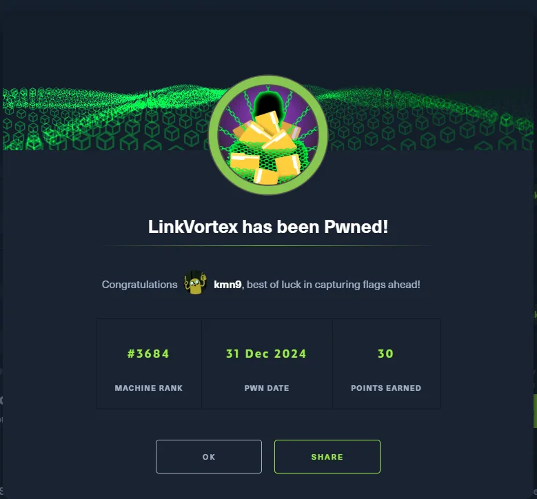 el panel de HackTheBox confirma que LinkVortex ha sido comprometida