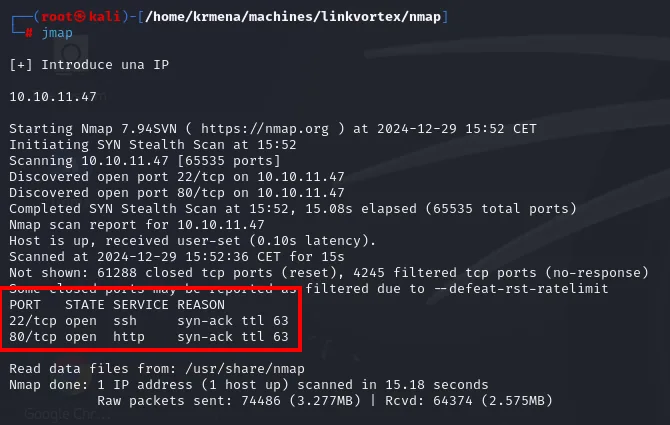 Salida de jmap: nmap descubre los puertos 22 y 80 abiertos en 10.10.11.47, ambos con syn-ack ttl 63