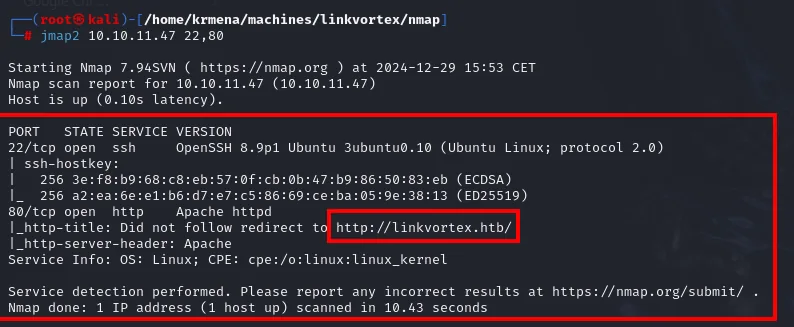 nmap -sCV muestra OpenSSH 8.9p1 y Apache, con la redirección a http://linkvortex.htb resaltada