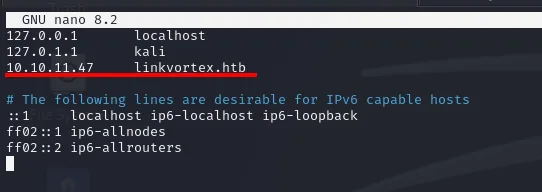 /etc/hosts editado en nano con la línea 10.10.11.47 linkvortex.htb añadida