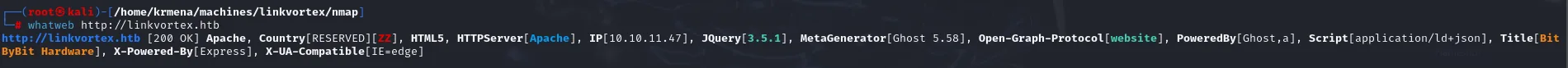 whatweb identifica el MetaGenerator Ghost 5.58, Apache, jQuery 3.5.1, Express y el título BitByBit Hardware