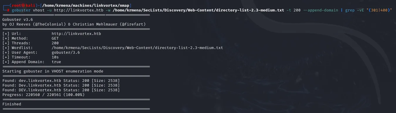 gobuster vhost encuentra dev.linkvortex.htb con estado 200 y tamaño 2538, en sus tres variantes de mayúsculas