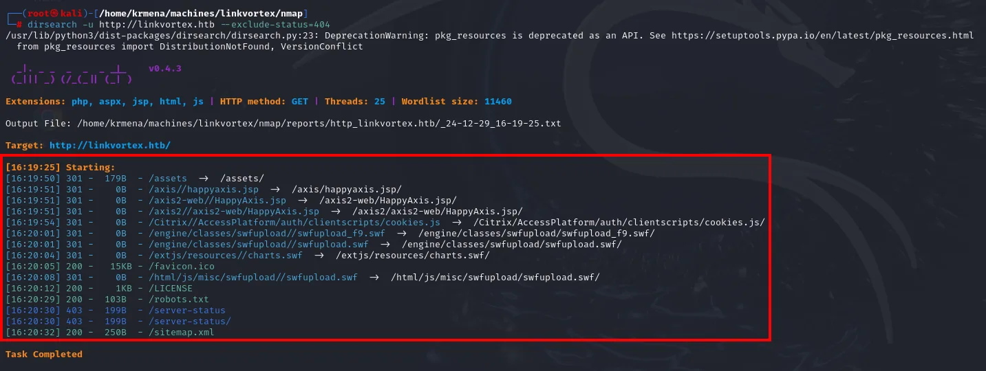 dirsearch encuentra /assets, /favicon.ico, /LICENSE, /robots.txt y /sitemap.xml en linkvortex.htb