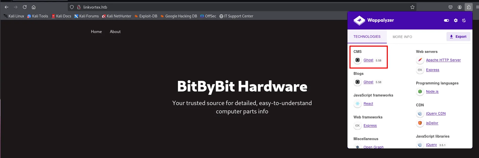 wappalyzer identifica Ghost 5.58 en linkvortex.htb