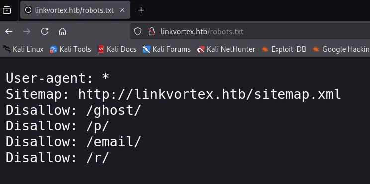 robots.txt lista el sitemap y cuatro Disallow: /ghost/, /p/, /email/ y /r/