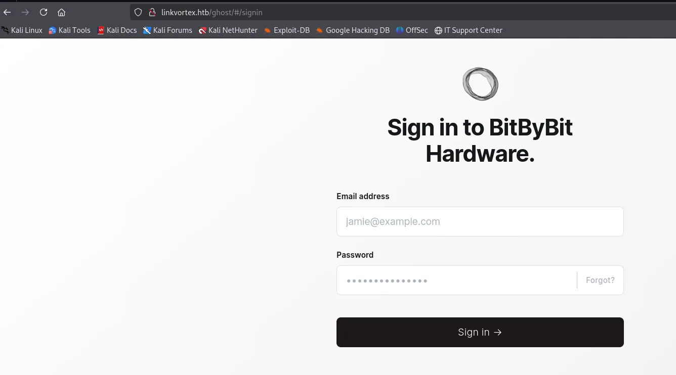 el panel de login de Ghost en /ghost, titulado Sign in to BitByBit Hardware