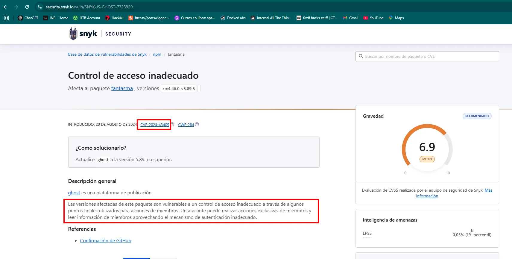 la ficha de Snyk describe un control de acceso inadecuado en Ghost, CVE-2024-43409, severidad 6.9