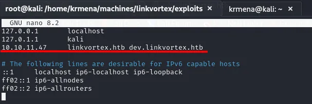 /etc/hosts con linkvortex.htb y dev.linkvortex.htb apuntando a 10.10.11.47