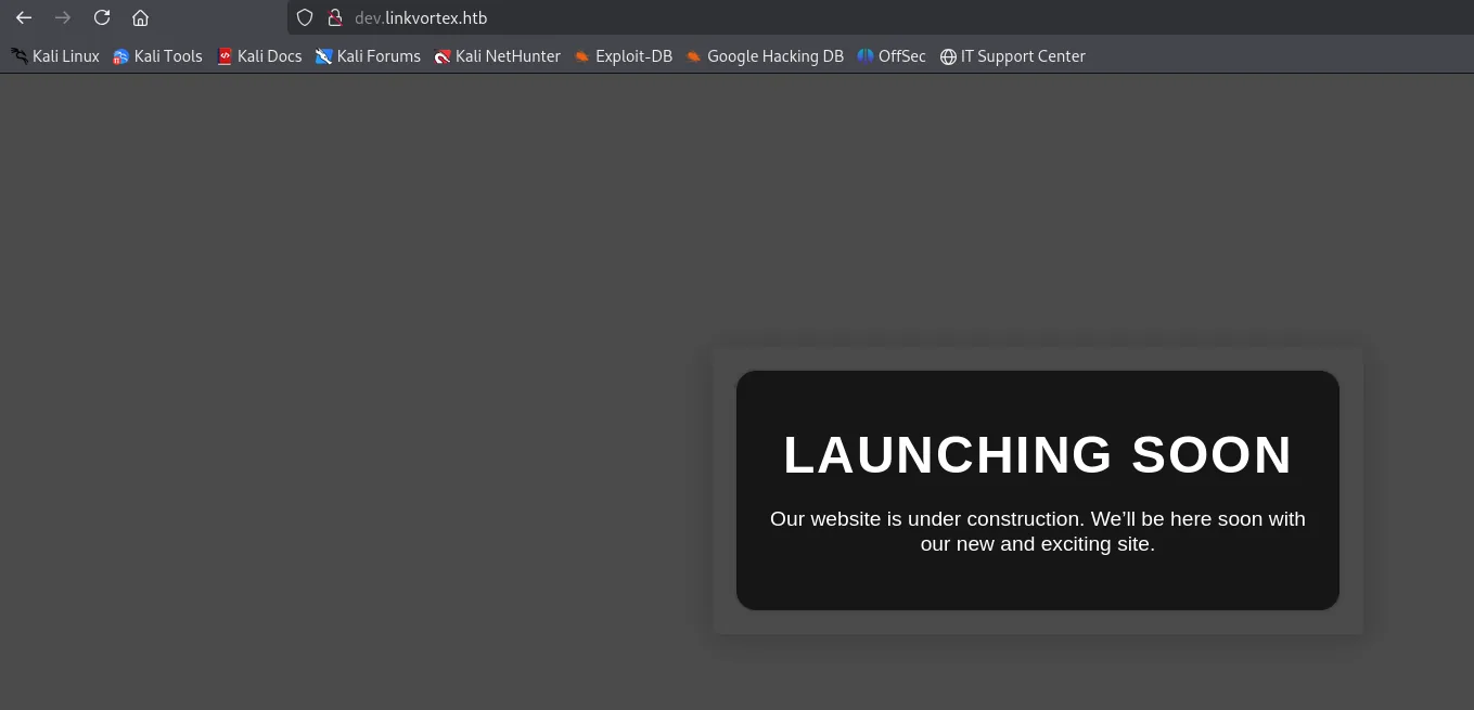 dev.linkvortex.htb muestra una página de LAUNCHING SOON, sitio en construcción