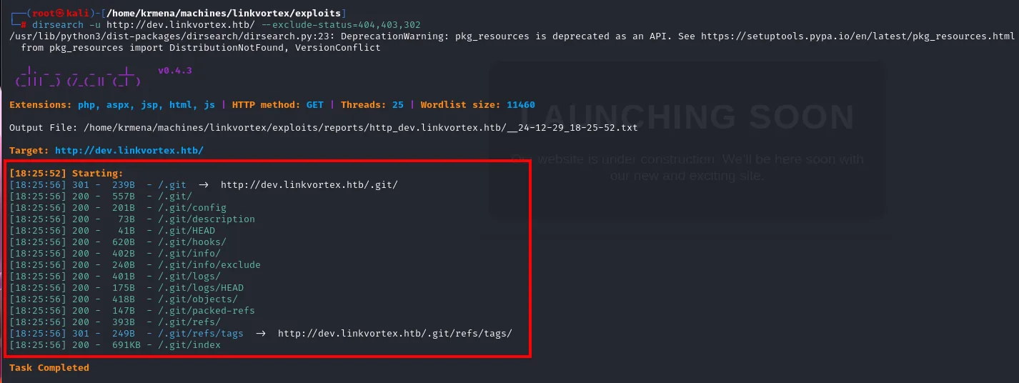 dirsearch lista el árbol completo de /.git en dev.linkvortex.htb: config, HEAD, logs, objects, packed-refs e index