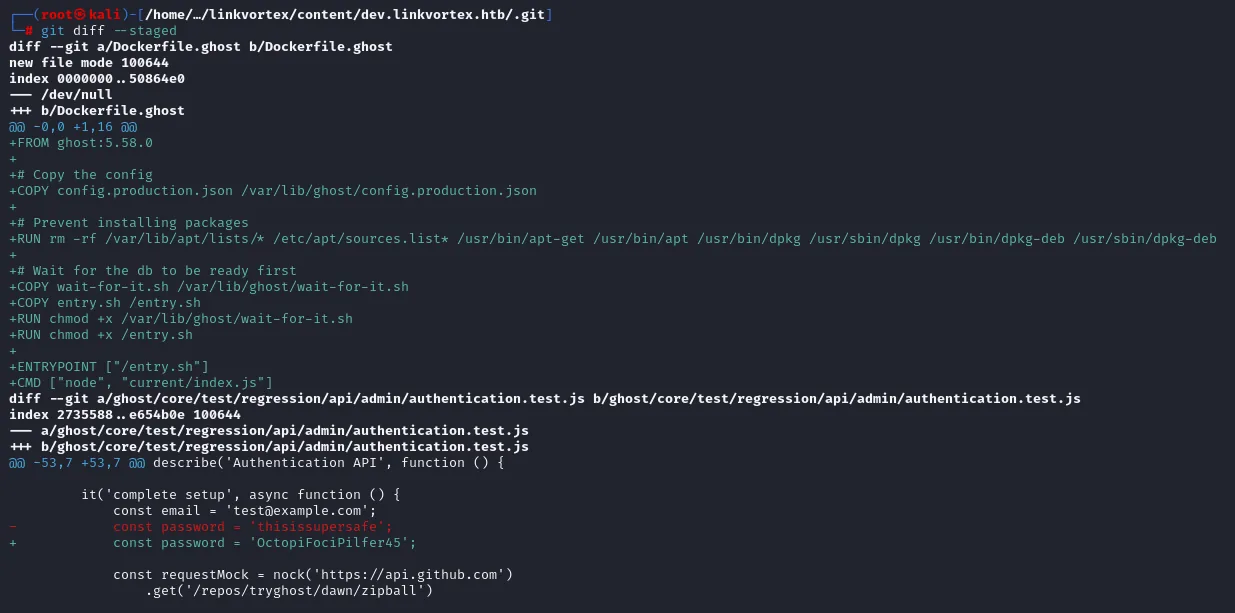 git diff --staged muestra el Dockerfile.ghost con FROM ghost:5.58.0 y el cambio de contraseña en authentication.test.js