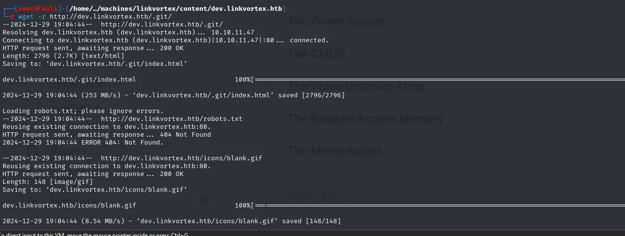 wget descarga recursivamente el contenido de /.git desde dev.linkvortex.htb