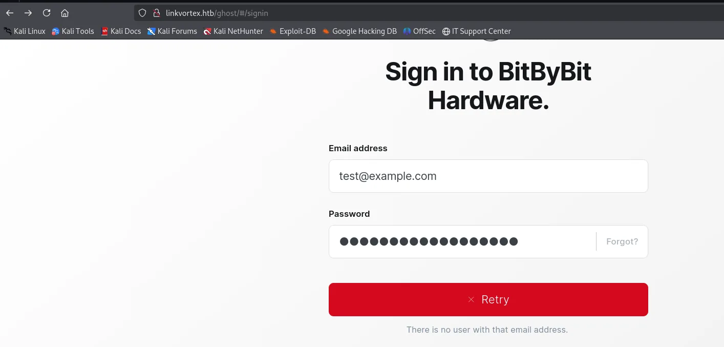 el panel rechaza test@example.com con el mensaje There is no user with that email address