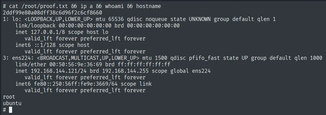 proof.txt leído tras el kernel exploit: whoami root