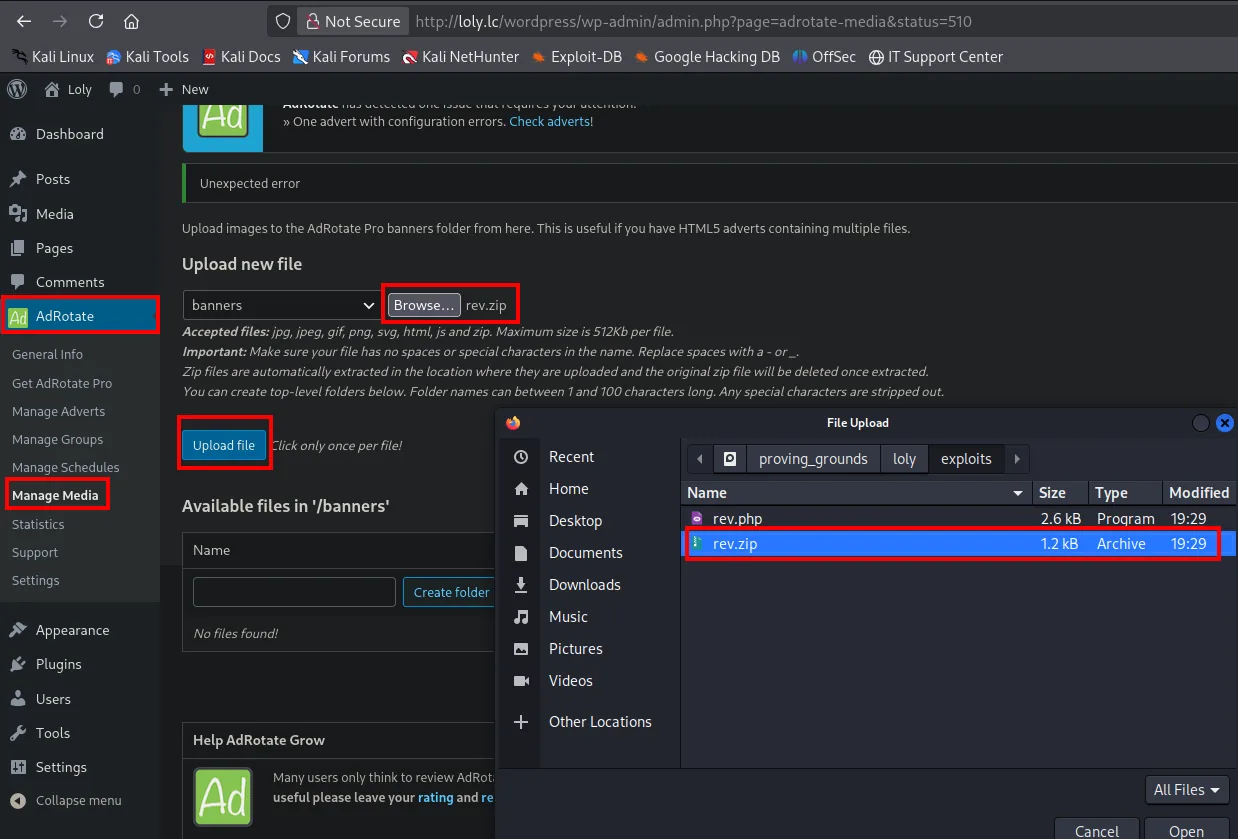 AdRotate Manage Media: carpeta banners, rev.zip seleccionado y la nota de auto-extracción de los zip