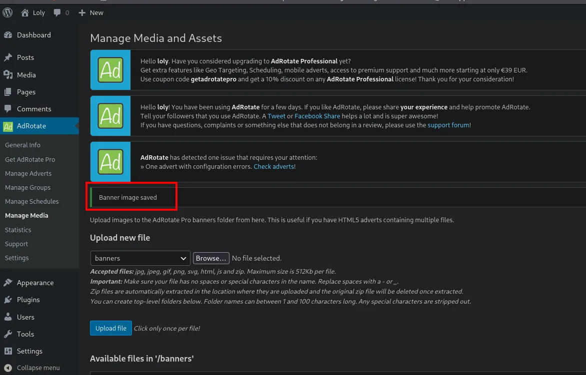 AdRotate muestra Banner image saved tras subir rev.zip