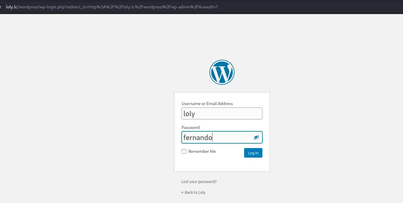 Login de WordPress con loly:fernando validado tras la fuerza bruta por XML-RPC