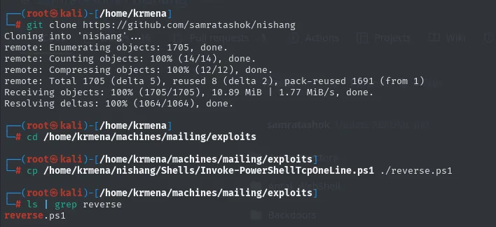 nishang clonado y Invoke-PowerShellTcpOneLine.ps1 copiado como reverse.ps1