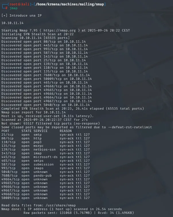 nmap -p- en Mailing: SMTP/POP3/IMAP, SMB/RPC y los puertos seguros de correo