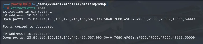 extractPorts leyendo el fichero scan de Mailing y devolviendo la IP 10.10.11.14 y la lista de puertos abiertos separada por comas, copiada al portapapeles