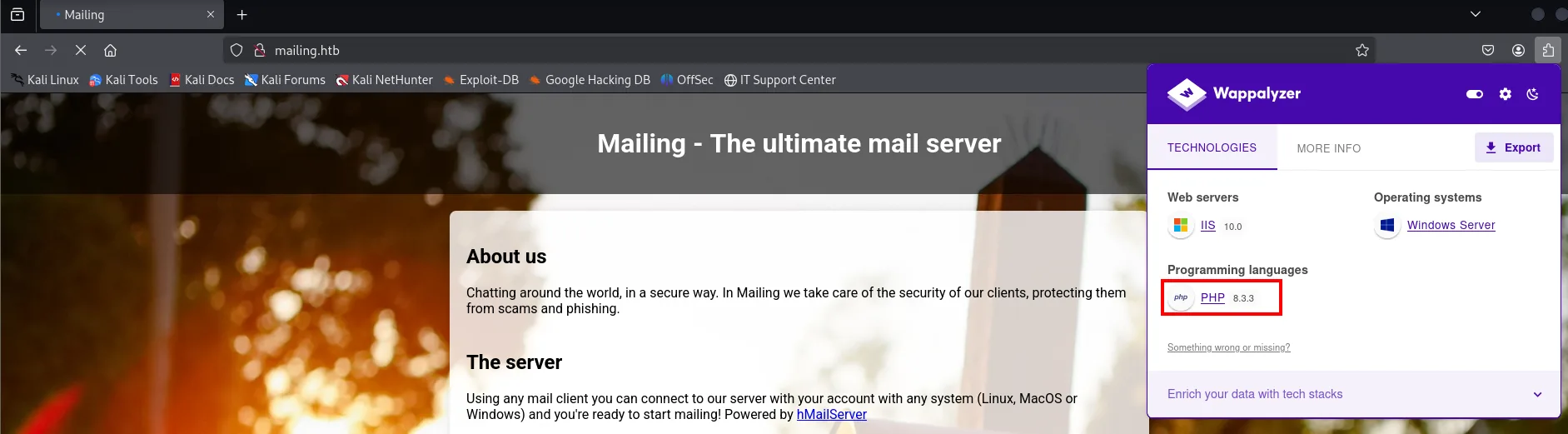 Wappalyzer sobre mailing.htb: IIS 10.0, Windows Server y PHP 8.3.3