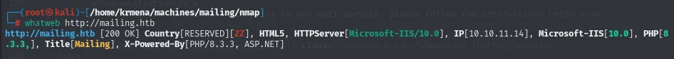 whatweb sobre mailing.htb: IIS 10.0, PHP 8.3.3 y X-Powered-By ASP.NET