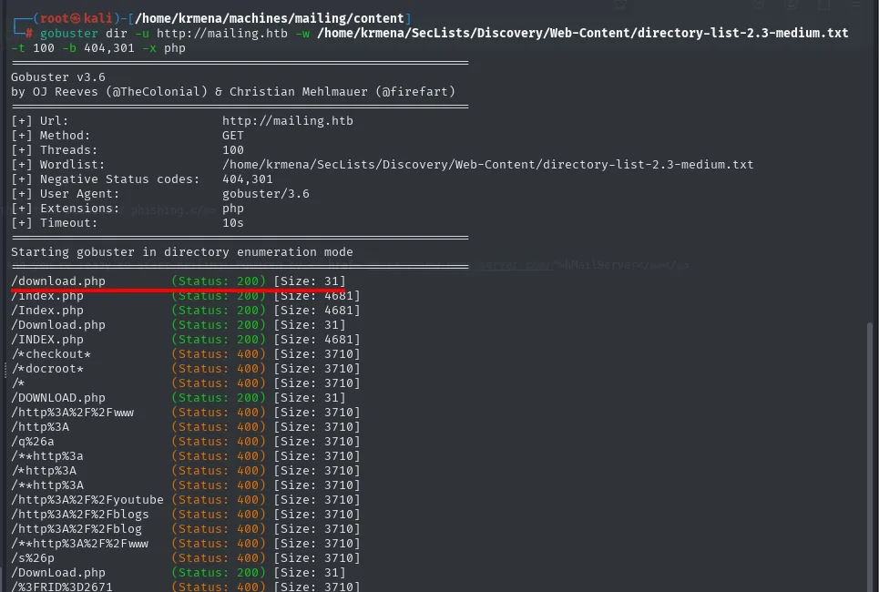 gobuster con -x php: download.php responde 200 con 31 bytes