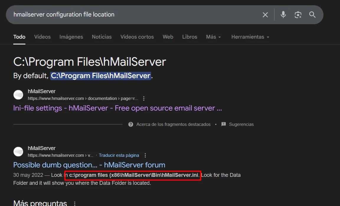 búsqueda de la ubicación del fichero de configuración de hMailServer; el foro apunta a c:\program files (x86)\hMailServer\Bin\hMailServer.ini