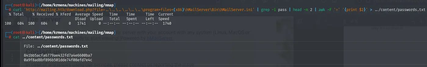dos hashes extraídos del hMailServer.ini