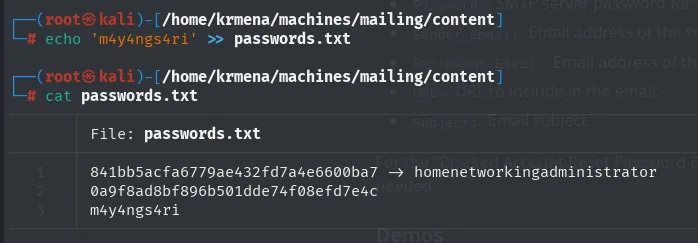 passwords.txt con las tres líneas: el hash crackeado de administrator, el hash que no cayó y la contraseña de maya