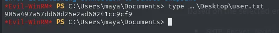evil-winrm como maya y type user.txt
