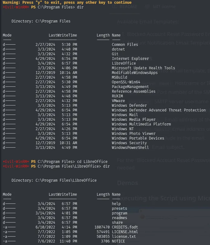 dir en C:\Program Files: LibreOffice entre el software del sistema, con fecha de marzo de 2024