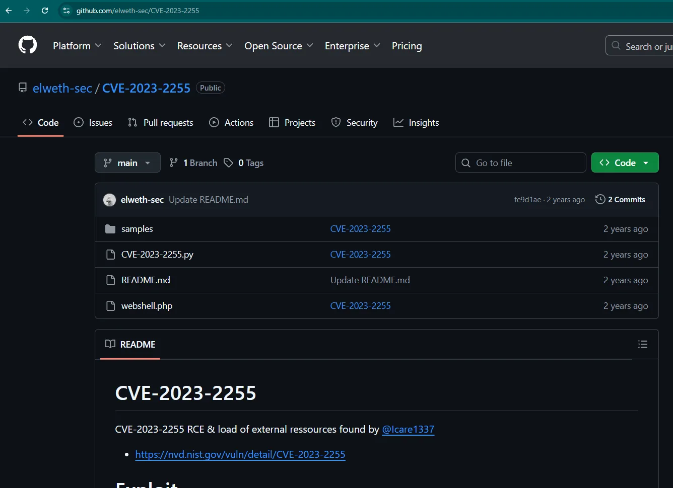El repositorio github.com/elweth-sec/CVE-2023-2255 con los ficheros samples, CVE-2023-2255.py, README.md y webshell.php, y el README describiendo el RCE y la carga de recursos externos